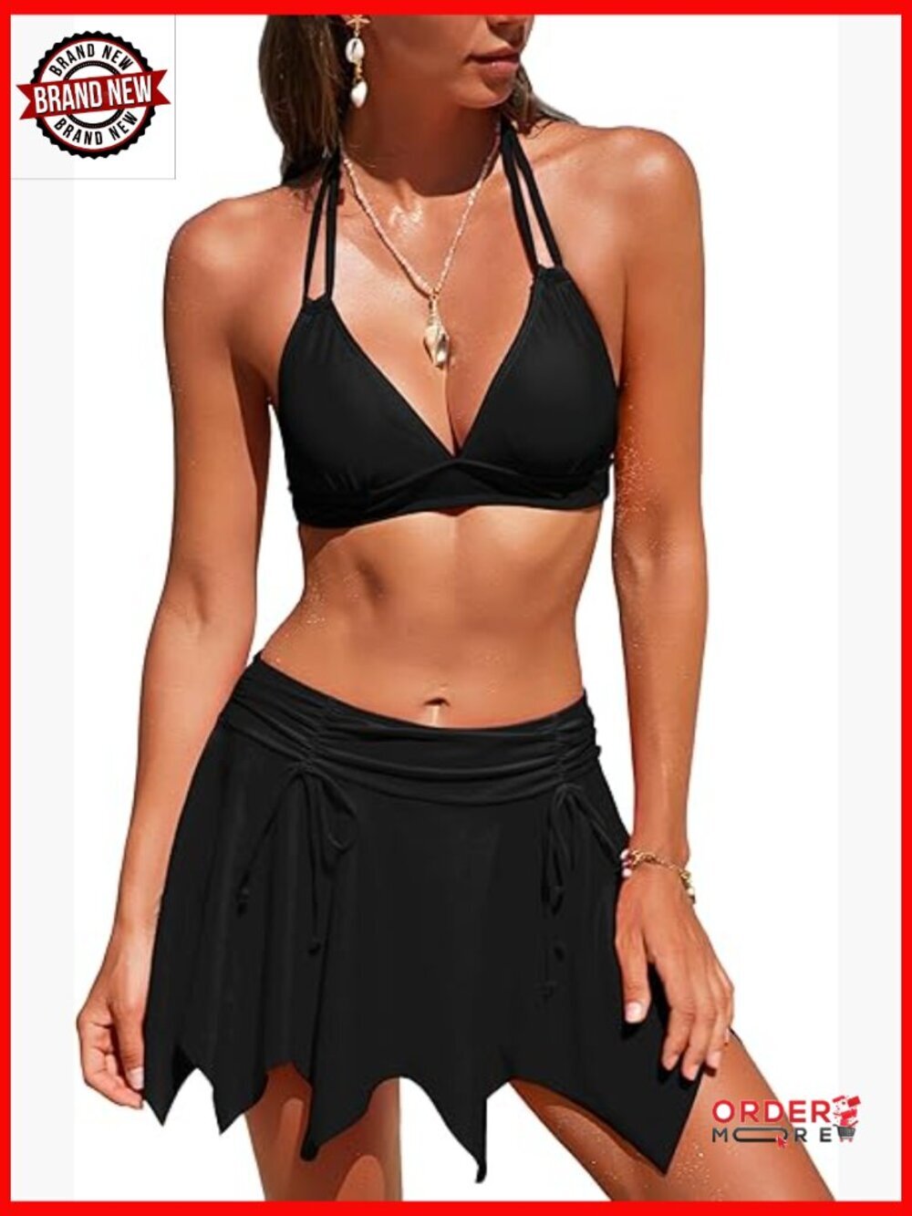 High Waisted Bikini Set Tummy Control Halter Tie Bowknot Pleated Ruched Swim